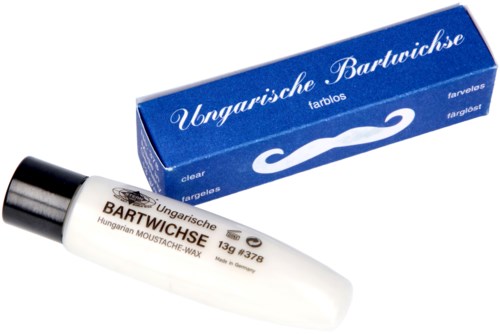 A white tube of Hungarian mustache wax and a blue box with German text and a mustache logo.
