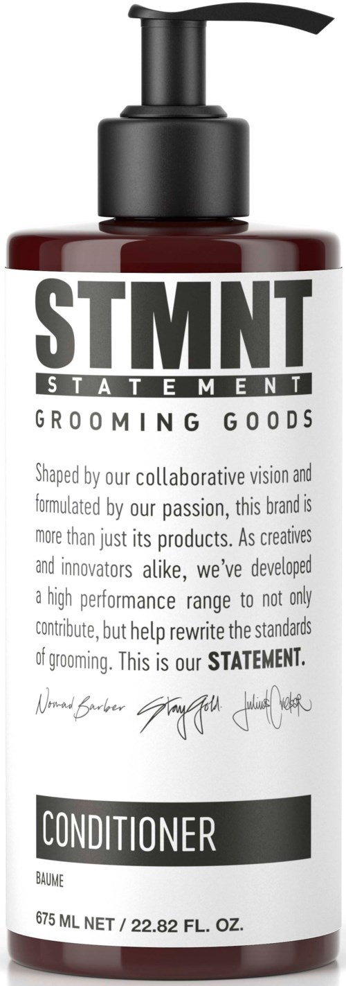 A grooming product bottle with a pump, labeled 'STMT' for conditioner, contains 675 ml. Logo and text emphasize quality.