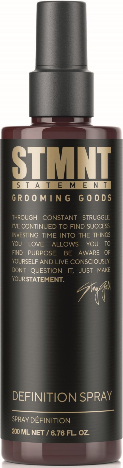 A grooming spray bottle with a dark label, gold and white text, and a black cap.