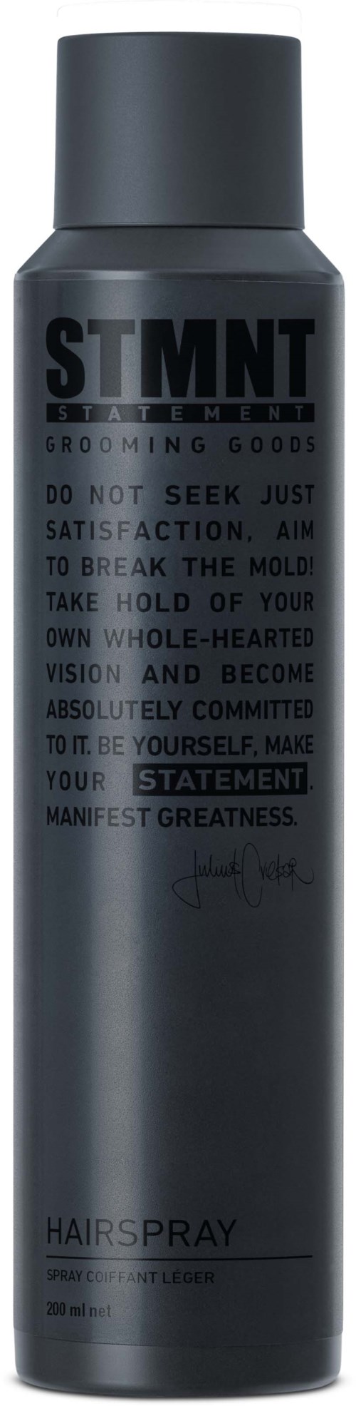 A tall, black can of hair spray with bold text and a motivational message.