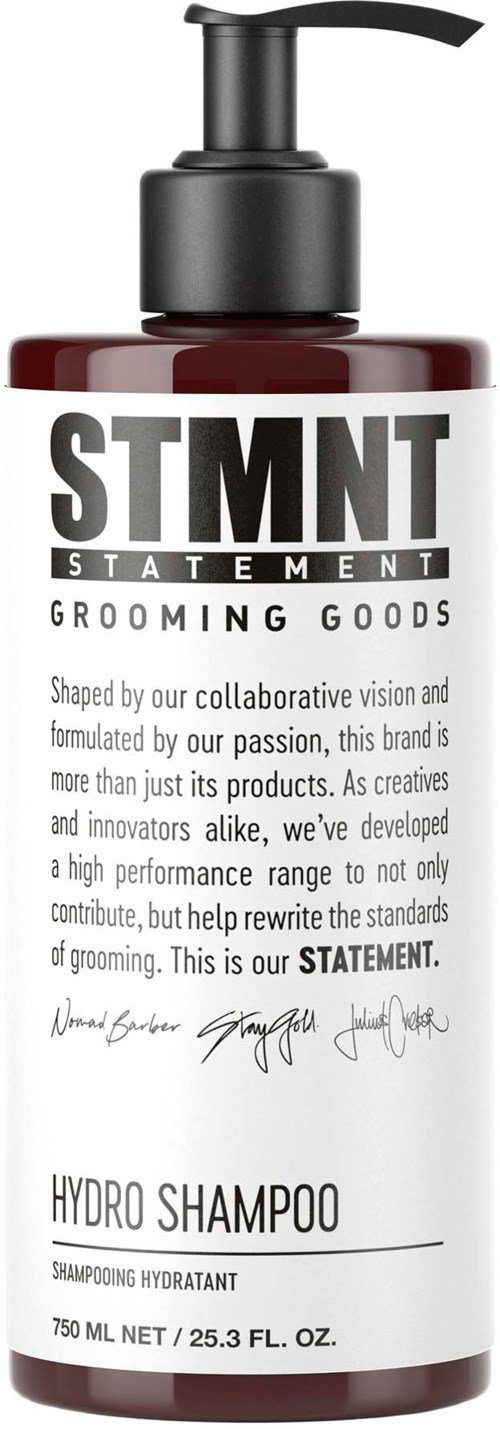 A dark red bottle with a black pump labeled 'STMT' for grooming products, with a detailed description and dosage.