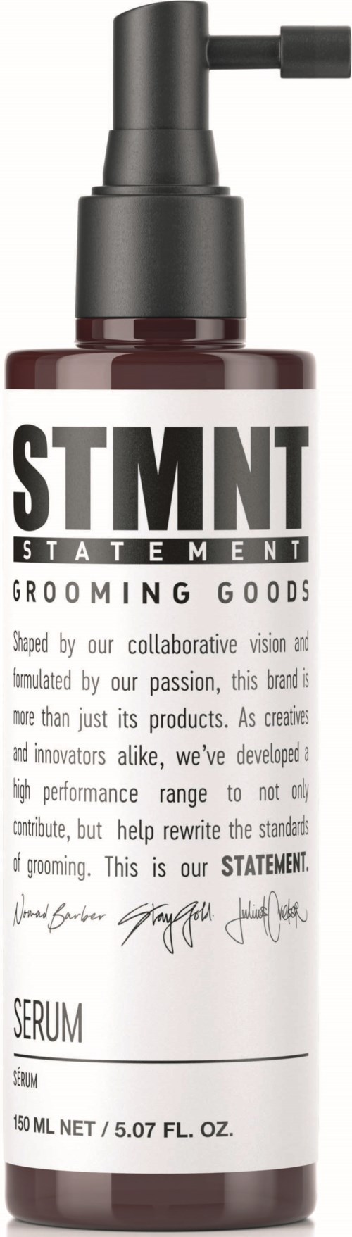 A bottle labeled STMN T with a pump, containing grooming serum, 150ml size.