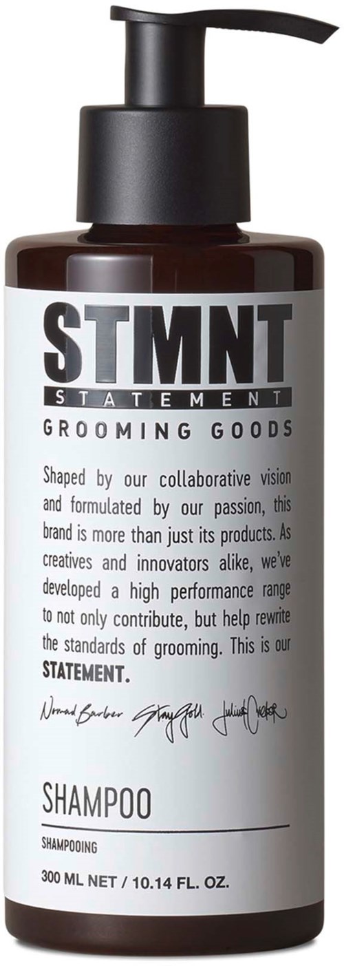A brown shampoo bottle with a pump dispenser and a white label. The label has bold black text and smaller print, mentioning grooming.