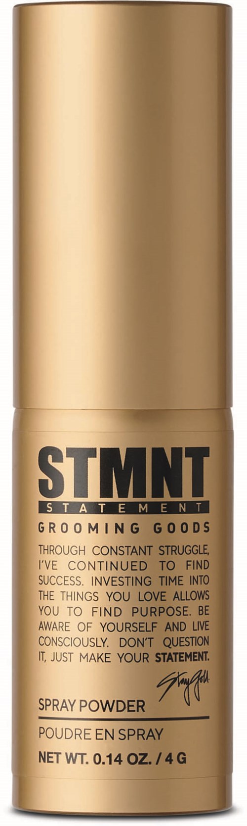 A gold spray powder container with black text stating 'STMT' and a motivational quote.