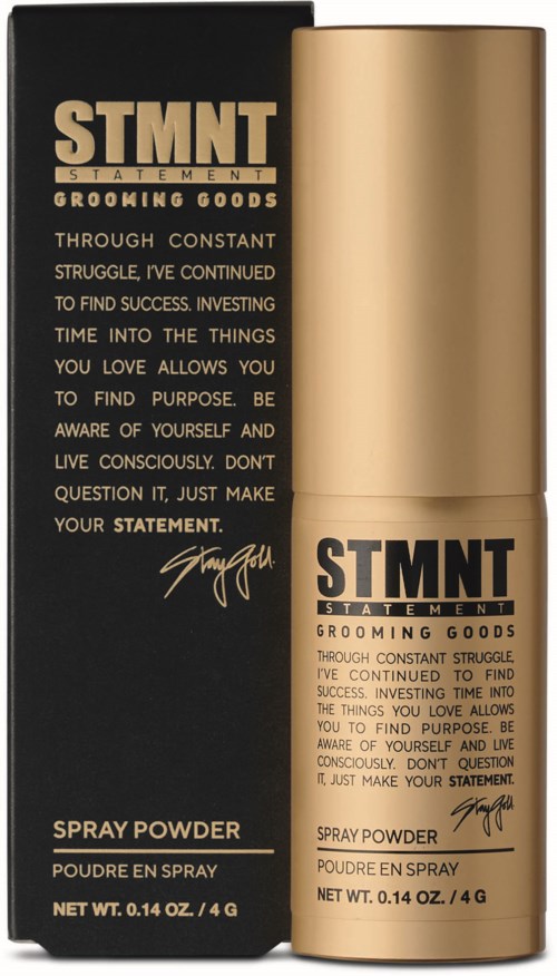 A black and gold box with a gold spray powder bottle, labeled 'STMT Statement Grooming Goods.'