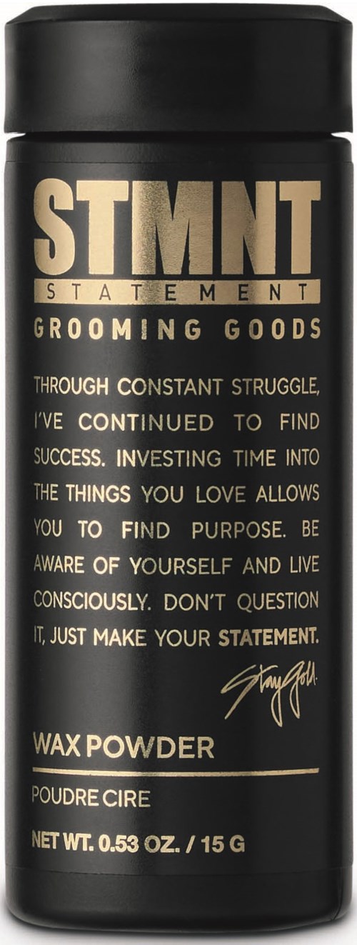 A black container with gold and white text for grooming wax powder, labeled STMNT Statement. Simple design.