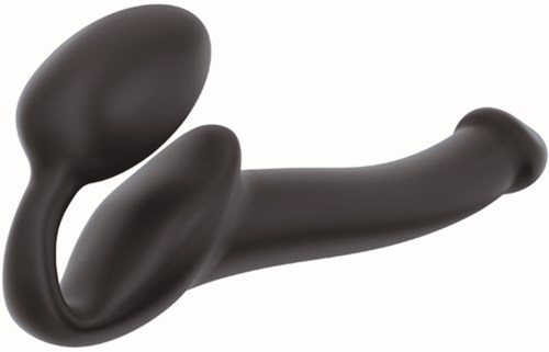 Ein schwarzes Silikon-Sexspielzeug mit gebogener, flexibler Form und doppelter Stimulation.
