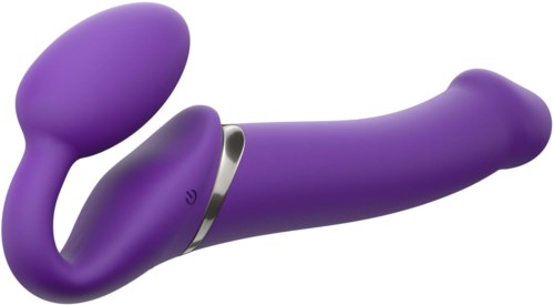 Eine lila, gekrümmte, tierförmige Sexspielzeug mit runden Ende und kleinerem, eiförmigem Teil, für Lust.