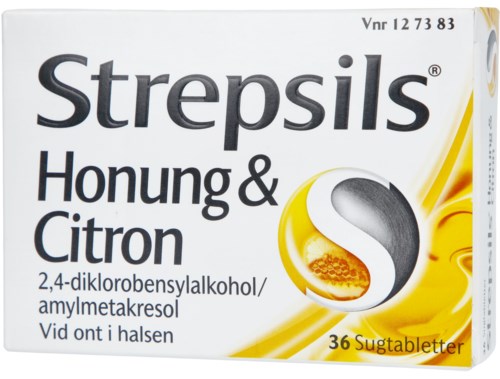 Product box for Strepsils honey and lemon lozenges, with text in Swedish. Contains 36 lozenges.