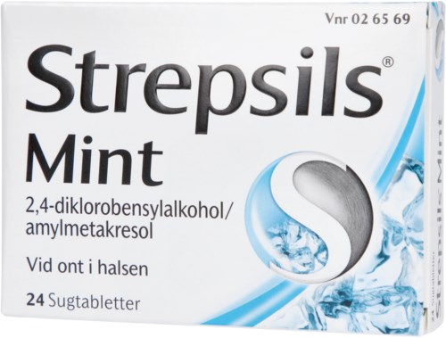 A box of Strepsils Mint lozenges for sore throats, containing 24 tablets, with blue and white packaging and a logo.