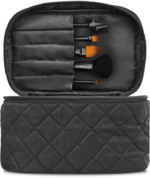 En svart zippad väska med makeupborstar organiserade inuti, inklusive en borste med orange borst och andra olika storlekar.