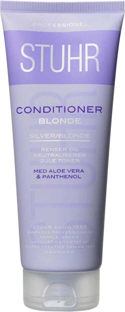 A purple and white tube of blonde hair conditioner with aloe vera and panthenol. Text on the tube highlights the brand and ingredients.