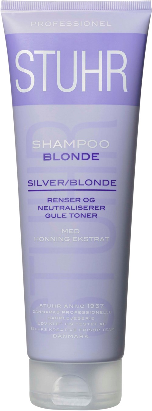 A purple and white tube of blonde shampoo with text describing its features and ingredients.