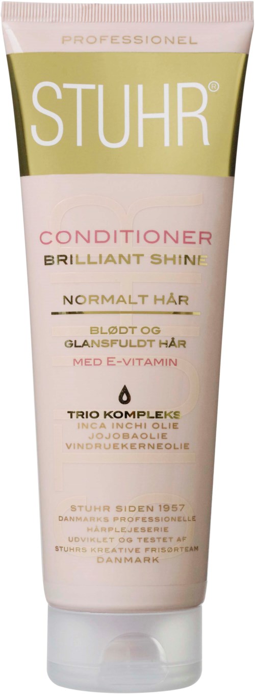 A tube of hair conditioner from the brand STUHR, designed for normal hair with E-vitamin for shine.