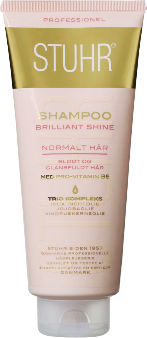 A tube of shampoo labeled for bright, shiny hair, with specific ingredients and a professional branding style.