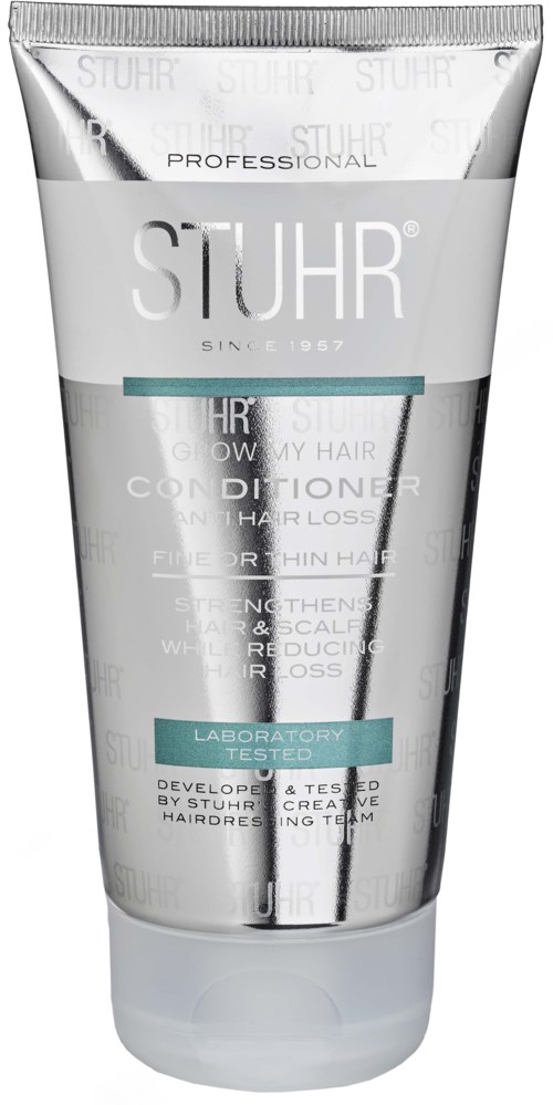 A silver and white tube of hair conditioner with black and teal accents, used for hair strengthening and reduction of hair loss.