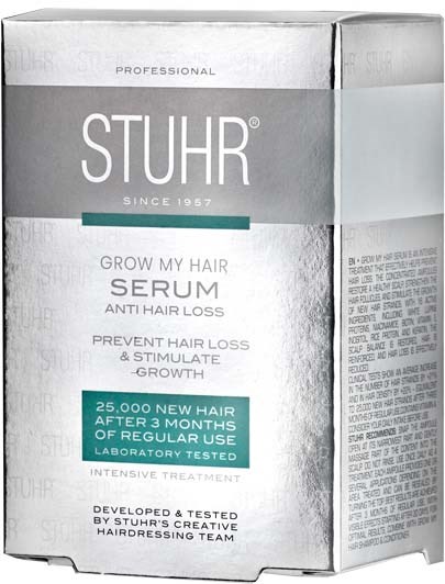 Gray and white packaging for a hair growth serum with product details and benefits.