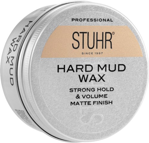 A round container of Stuhr Hard Mud Wax for strong hold, volume, matte finish, since 1957, with silver and beige label.