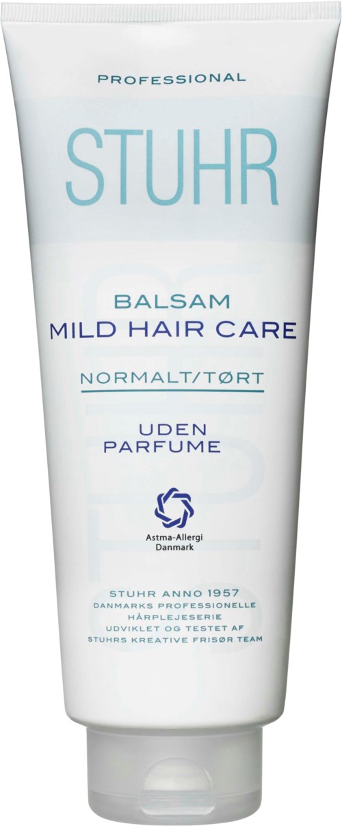 It is a white tube of hair care balm for normal or dry hair, fragrance-free, by Stuhr. It was made in Denmark.