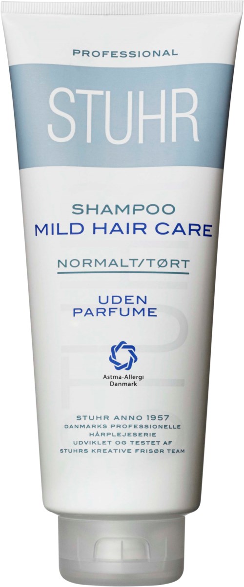 Shampoo for mild hair care, suitable for normal or dry hair, fragrance-free, in Danish packaging, with allergy information.