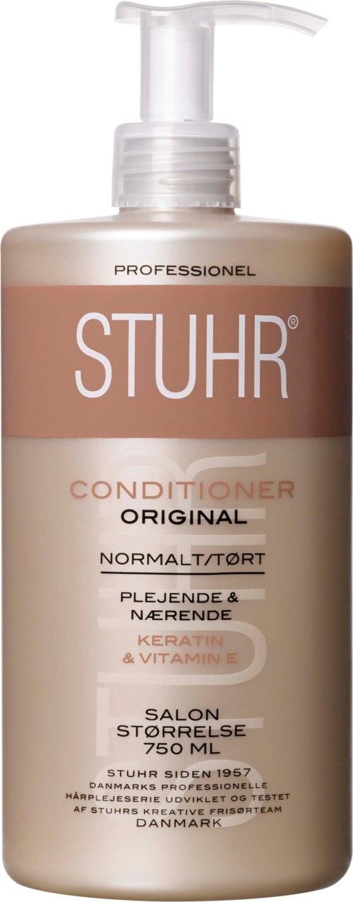 A bottle of STUHR conditioner with pump, labeled as original, for normal to forte hair, with keratin and vitamin.