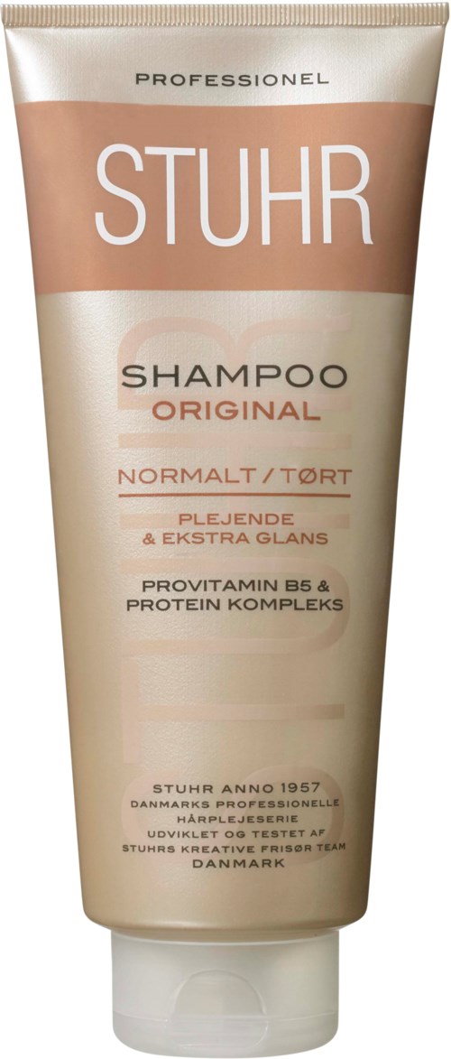 A beige and white shampoo tube with brown accents, labeled 'STUHR SHAMPOO ORIGINAL' for normal or dry hair.