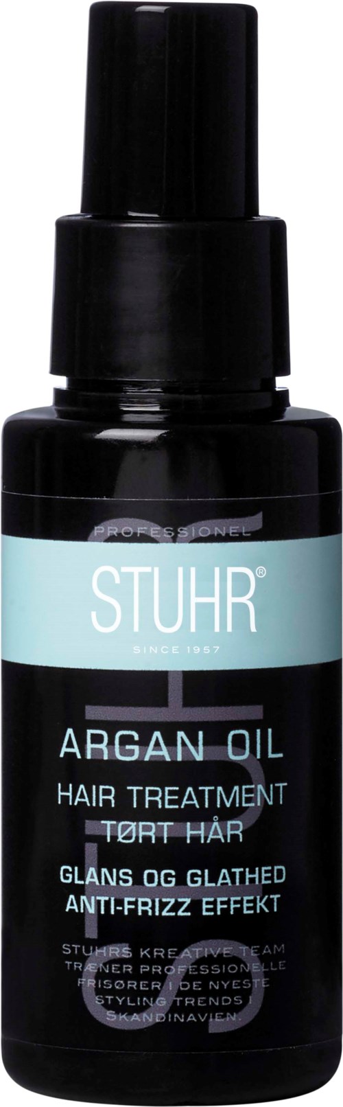 A small black bottle with a spray pump labeled Stuhr Argan Oil Hair Treatment for frizzy hair. Blue and black label.
