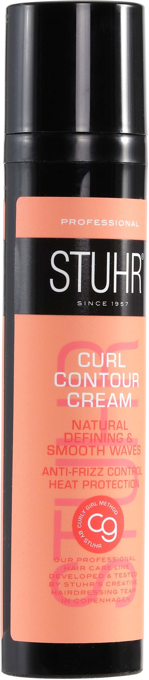 A cylindrical black and pink bottle labeled STUHR Curl Contour Cream for professional hair styling.