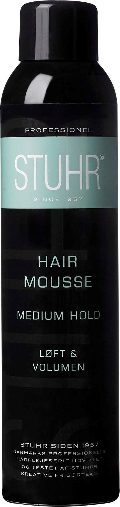 A black can of hair mousse with a blue and white label, offering medium hold for lift and volume.