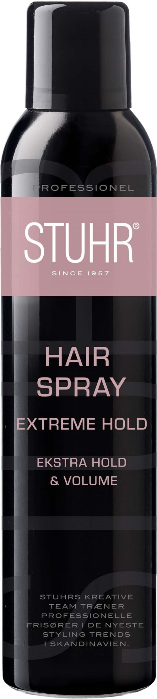 A black can of hair spray with pink and black label, claiming extreme hold and volume.