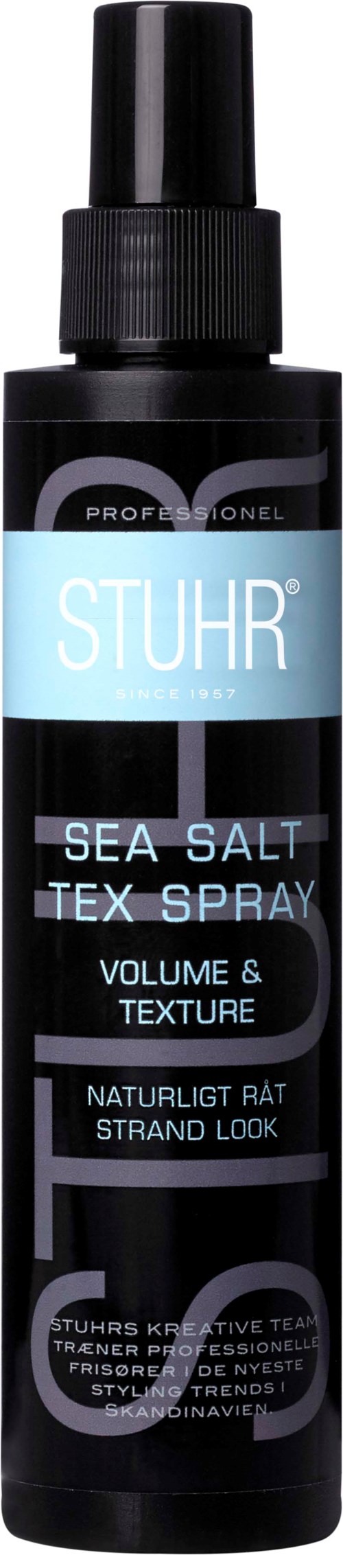 A black spray bottle labeled Stuhr Sea Salt Tex Spray for volume and texture with natural look.