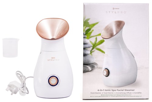 Een witte gezichts stoom met roségouden opening, bedienknop en netsnoer, naast de doos met afbeelding van soortgelijke apparaat.