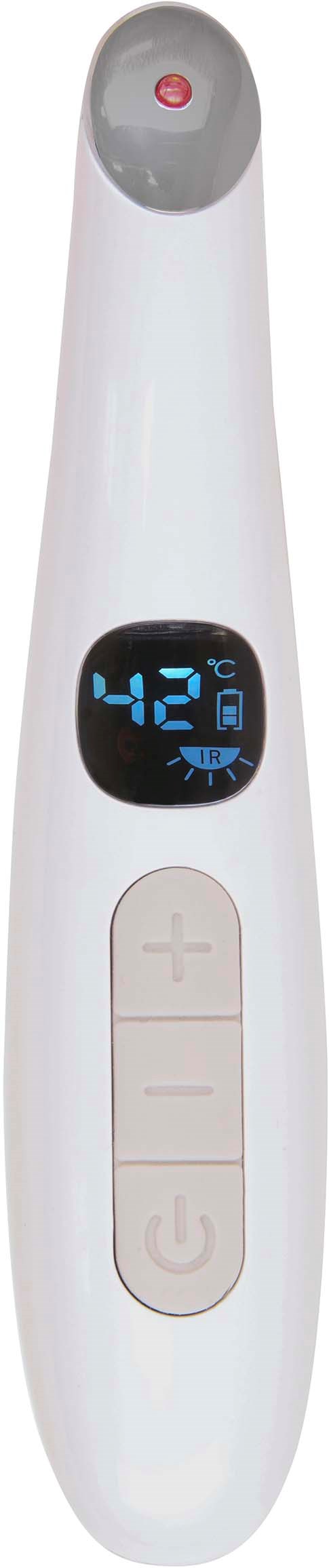 A white digital thermometer shows 42°C, with buttons for temperature adjustments and a power button.