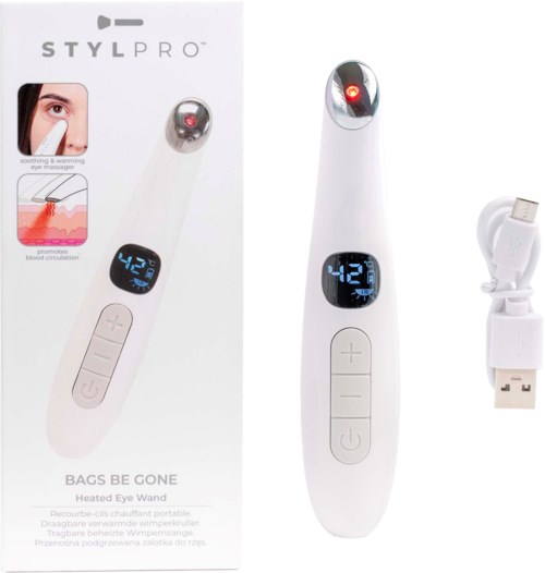 A white heated eye wand with a digital display, control buttons, a red light, and a USB charger included.