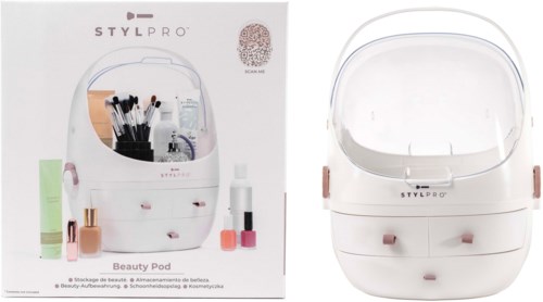 Eine klare Plastik-Makeup-Organizer mit mehreren Fächern für Pinsel, Flaschen und kleine Schönheitsartikel. Mit Verpackung.