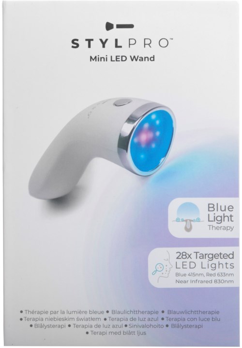 A white device with a blue light on front, labeled as STYL PRO Mini LED Wand for blue light therapy.