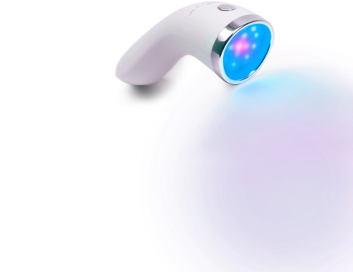 A white handheld device with a blue light, possibly a skin treatment tool, on a white background.