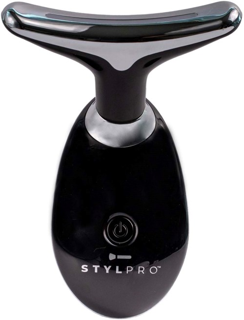 A black handheld device with a rounded, metallic scraper on top, a power button, and the brand name 'STYLEPRO' at the bottom.