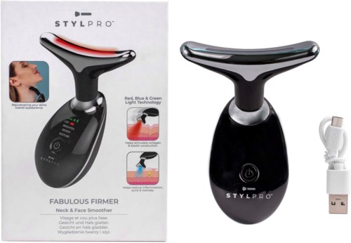 A neck and face massager with a curved head, black base, and USB charging cable, shown on packaging and offline.