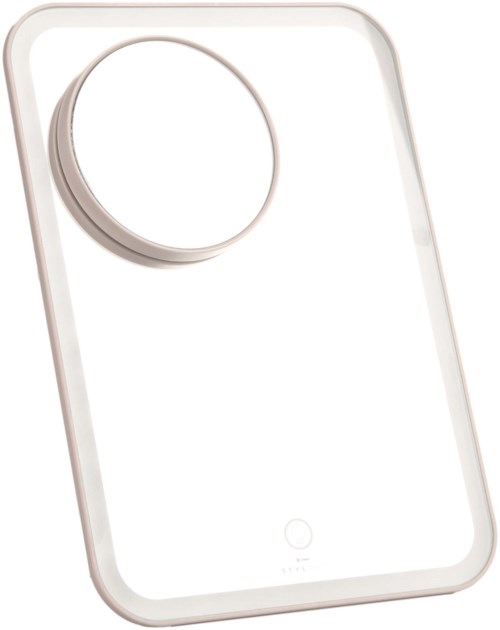 Een wit apparaat met een grote ronde knop en een kleine cirkelvormige indicator, minimalistisch ontwerp.
