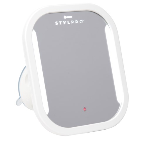 Een wit apparaat met een grijs oppervlak met het label 'STYLPRO'. Het heeft een compact formaat en een kleine rode indicator onderaan.