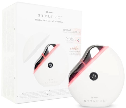 A white oval device with a power button and red light, next to a box with product details. It is a heated massager.