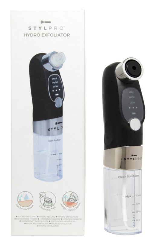 Een zwart en zilverkleurig apparaat genaamd Hydro Exfoliator, met watertank en ronde exfoliatiekop.