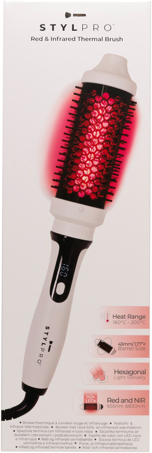 Die Verpackung zeigt eine Stylingbürste, die mit Rot- und Infrarotlicht für das Haarstyling erhitzt wird.