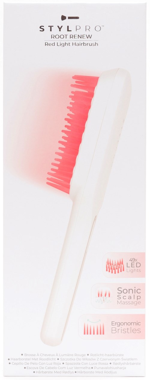 Eine weiße Kamm mit rosa Zinken, Verpackung zeigt es ist eine Haarbürste für Wurzelpflege mit LED, Sonic-Scalp-Massage, ergonomische Griffe.