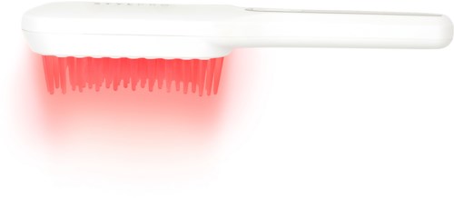 Reinigungsbürste mit rotem Licht unter den Borsten, weißer Griff, zur Reinigung oder Desinfektion.