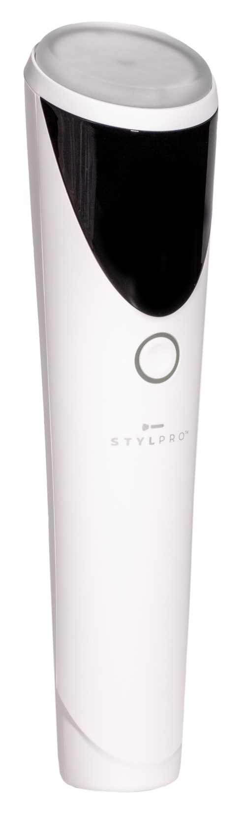 Een witte en zwarte handapparaat met een ronde knop en een glad oppervlak.