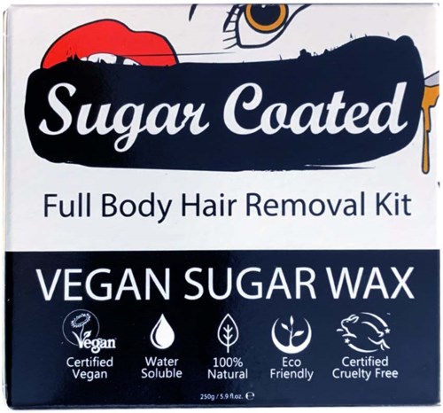 A box of vegan sugar wax for full body hair removal, with key features like water solubility and cruelty-free ingredients.