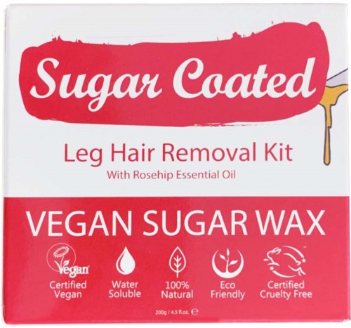 Red and white packaging for vegan sugar wax kit with rosehip oil, stating eco-friendly, cruelty-free, and water-soluble features.