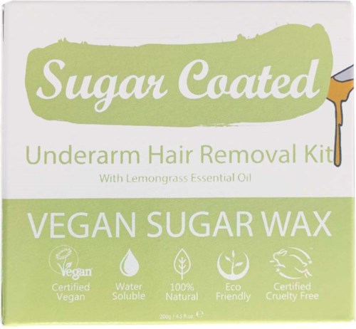 A green and white box labeled 'Sugar Coated Underarm Hair Removal Kit' with vegan and cruelty-free icons.